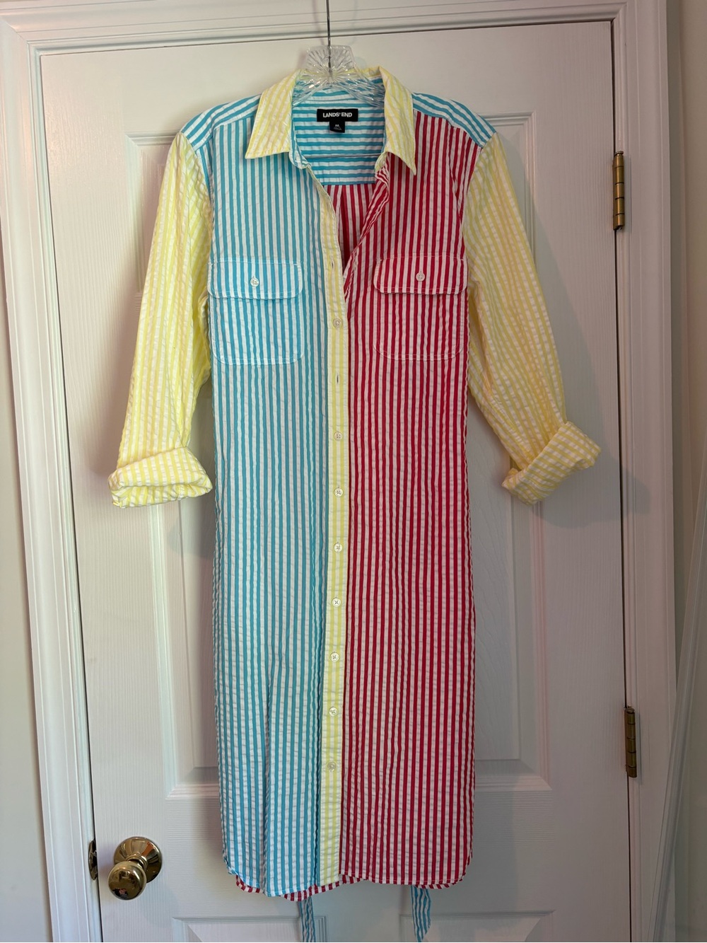 Lands' End Striped Seer Colorblock Long-Sleeve Shirt Dress in Red, Blue & Yellow